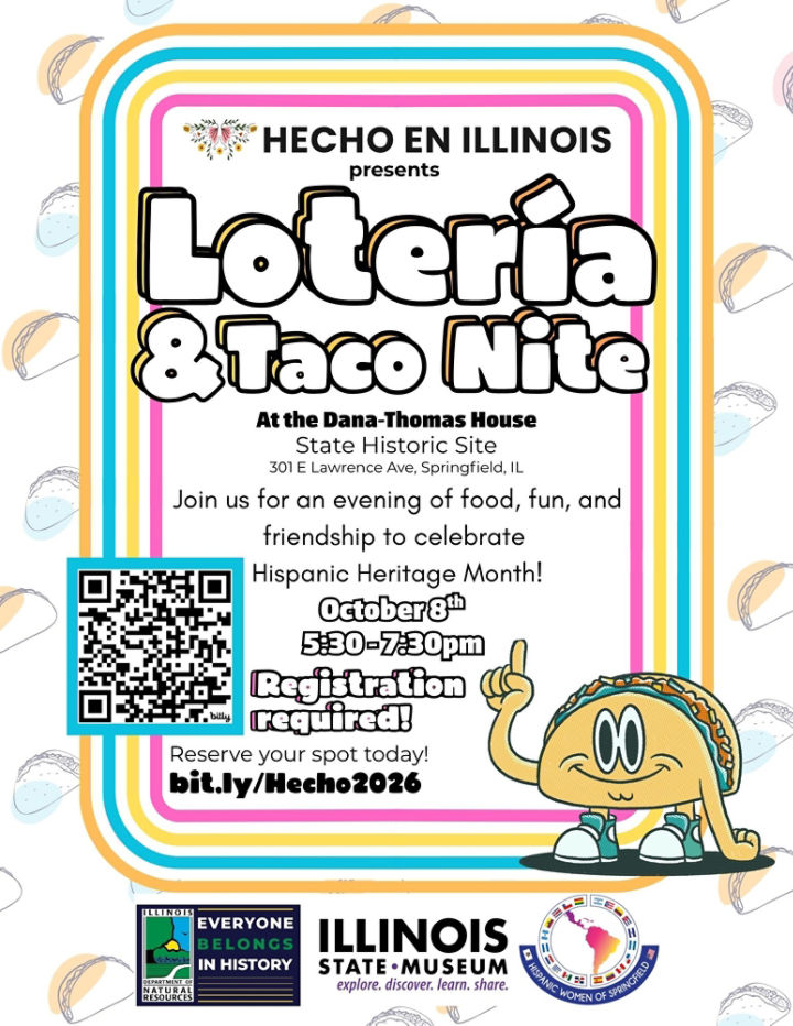 Promotional poster for Loteria and Taco Nite decorated with cartoon tacos.